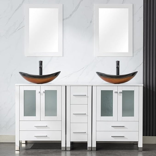 LUCKWIND 60" Double 24" Bathroom Vanity with Sink Combo, Elegant Series with One 12.6-in Side Cabinet, Painted Frame, Including Brown Boat Sinks, Faucets Without Mirrors, White