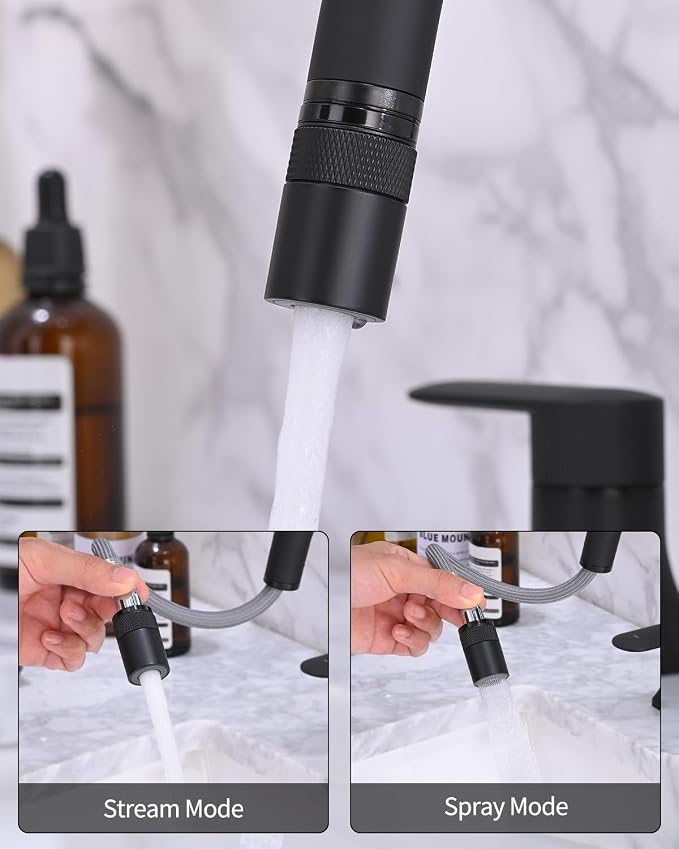 Bathroom Faucet 3 Hole with Pull Out Sprayer, 8 Inch Widespread Bathroom Faucet, Magnetic Pull Out Faucet for Easy to Use, Matte Black (with Pop-up Drain)
