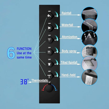 Enga Luxury Dual Shower Head System with Body Jets LED Thermostatic Shower System with 6 inch Wall Shower, 20-Inch 3 Function Shower Head (Rainfall & Mist & Waterfall), Matte Black