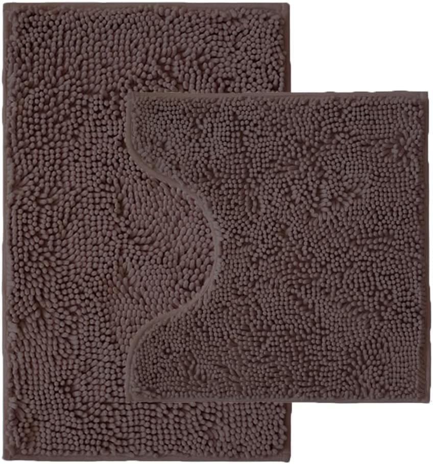 Bathroom Rugs Sets 2 Piece,Super Absorbent Chenille Bath Mats and U-Shaped Toilet Rug,Strong PVC Non Slip Backing,Microfiber Washable Dry Quickly Bath Mats for Bathroom(20"x32"+20"x20"U, Coffee)