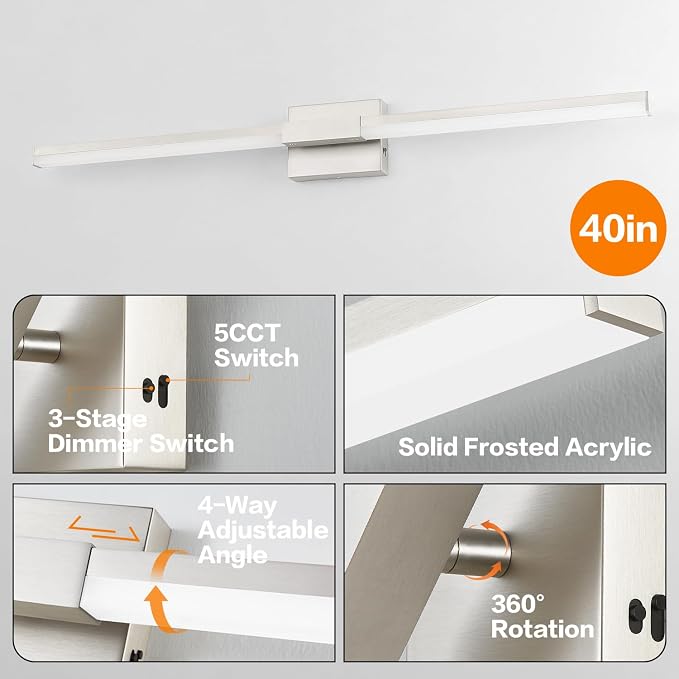 SOLFART Bathroom Lights Over Mirror 40-Inch: Brushed Nickel 5CCT Dimmable Bathroom Vanity Light, Solid Frosted Acrylic, Built-in Dimmer, 360 Degree Rotation, ETL IP44