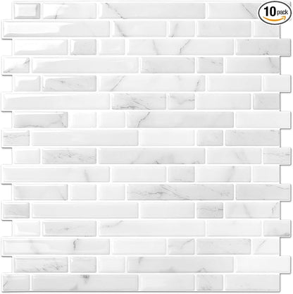 STICKGOO Thicker Peel and Stick Backsplash Tile for Kitchen and Bathroom | 10 Sheets of 12”×12” - 3D Vinyl Self Adhesive Wall Tiles Stick on Backsplash for Kitchen & Bathroom(White Marble)