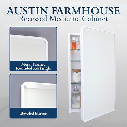 16x20 Austin Farmhouse Metal Framed Rounded Rectangle Recessed Bathroom Medicine Cabinet, Beveled Mirror, 14x18 in-Wall Opening, powder-coated Steel, Glass Shelves, Magnet Close, Brushed Nickel