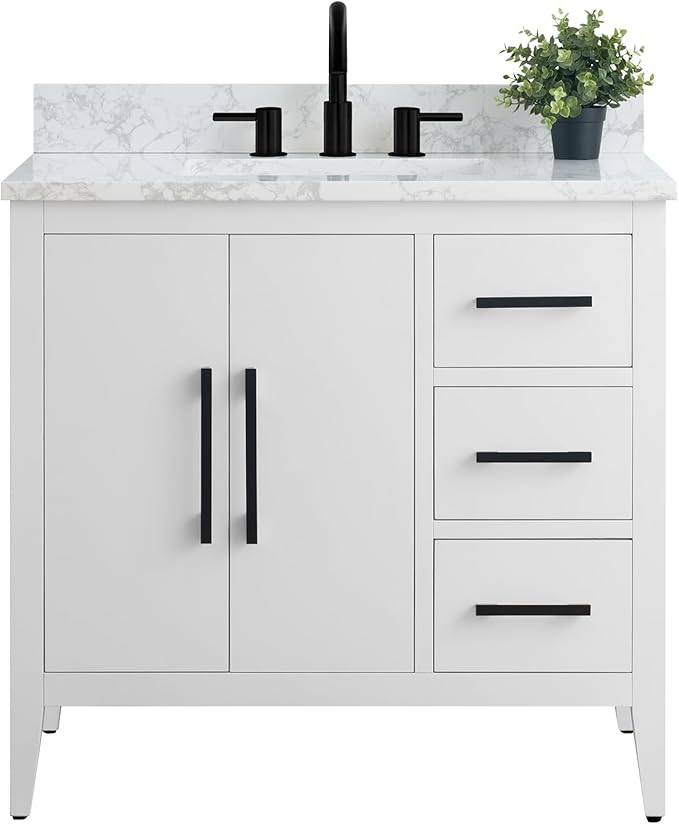 HomeBeyond 36 Inch Bathroom Vanity with Sink & Ceramic Top, Single Vanity Cabinet with Basin, Soft-Closing Doors & Matte Black Hardware, White