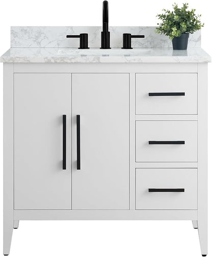 HomeBeyond 36 Inch Bathroom Vanity with Sink & Ceramic Top, Single Vanity Cabinet with Basin, Soft-Closing Doors & Matte Black Hardware, White