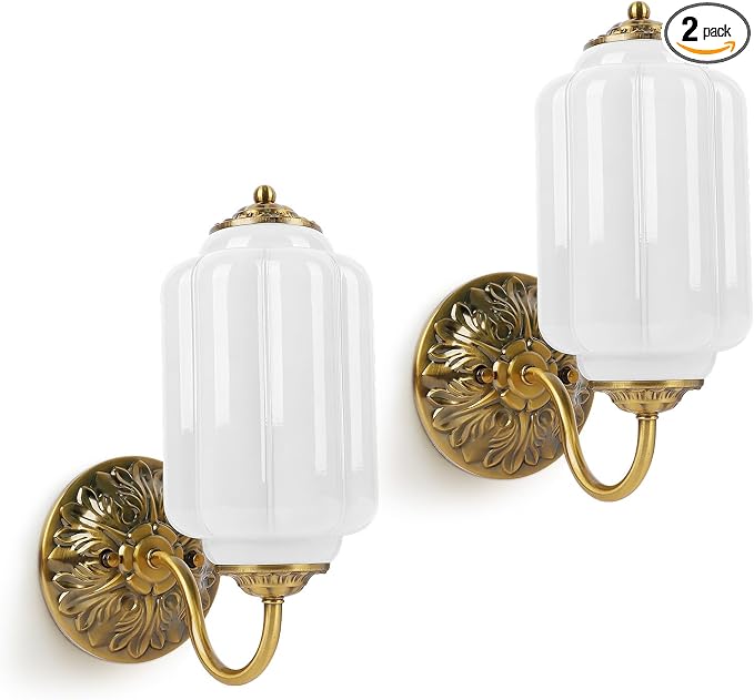 Milk Glass Sconce Set of 2 Vintage Vanity Sconces Bulb Included | Milk Glass Art Deco Antique Wall Sconce Wall Light for Bedroom Bathroom Living Room Entryway, Antique Gold and White 2 Pack