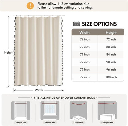ANRODUO Ivory Scalloped Linen Textured Shower Curtain, W72 x L72 | Boho Farmhouse Shower Curtain with 12 Metal Hooks, Machine Washable Waterproof Heavy Duty Fabric for Bathroom Bathtub