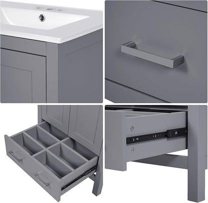 24" Freestanding Bathroom Vanity with Sink, Floor Stand Bathroom Storage Cabinet with Ceramic Sink, Door with Double-Layered Storage Shelves, Modern Compact Vanity with Divided Drawer, Gray