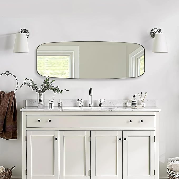 18x48 Full Length Wall Mirror, Brushed Nickel Oblong Shaped Body Mirror with Stainless Steel Metal Frame, Rounded Corner Design for Floor and Leaning