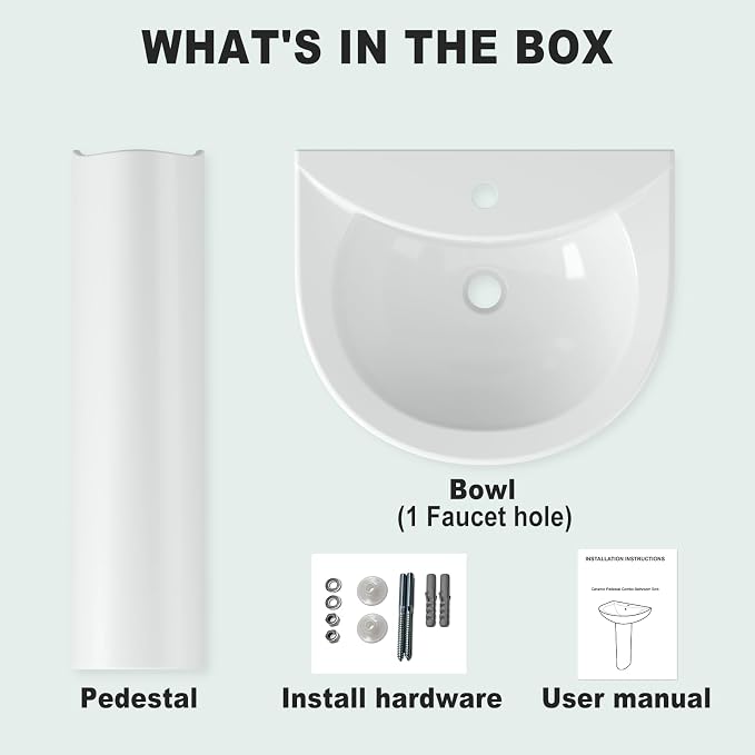 Bathroom Pedestal Sink, Pedestal Sink Combo for Restroom, 20 in L X 17 in W White Freestanding Ceramic Pedestal Sink With Overflow Hole and Pre-Drilled Single Hole