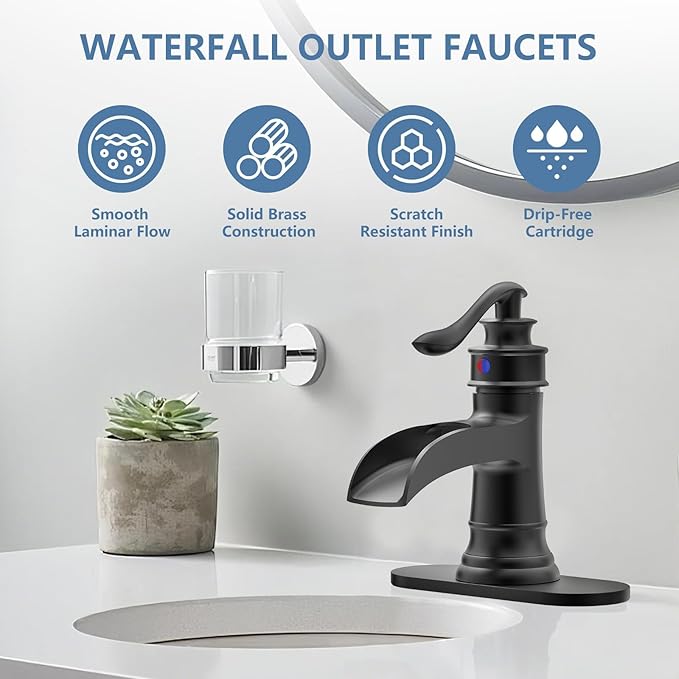 Black Bathroom Faucet Matte Waterfall Sink Farmhouse Vanity Single Hole Faucets One Handle Basin Antique centerset with Pop Up Drain Stopper Mixer Tap Overflow Supply Line by Homevacious