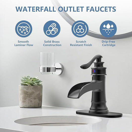 Black Bathroom Faucet Matte Waterfall Sink Farmhouse Vanity Single Hole Faucets One Handle Basin Antique centerset with Pop Up Drain Stopper Mixer Tap Overflow Supply Line by Homevacious