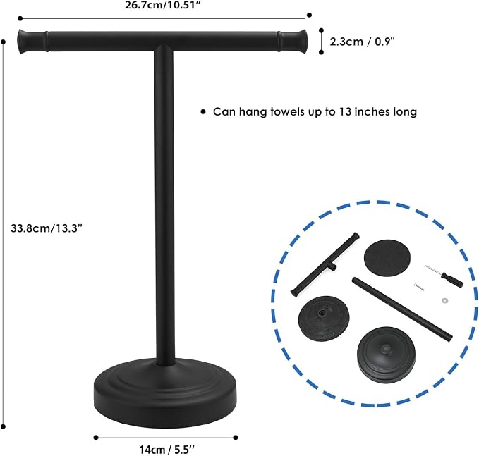 RUMOSE Matte Black Hand Towel Holder Stand Countertop Towel Rack | 13 Inch Bathroom Kitchen Vanity T-Shape Towel Stand Free Standing Stainless Steel Towel Bar Towel Ring