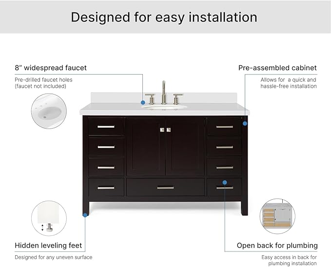 ARIEL 55" Espresso Bathroom Vanity with 1.5" Edge Pure White Quartz Countertop & Backsplash, Center Oval Sink, 2 Soft Closing Doors, 9 Full Extension Dovetail Drawers, Satin Brass