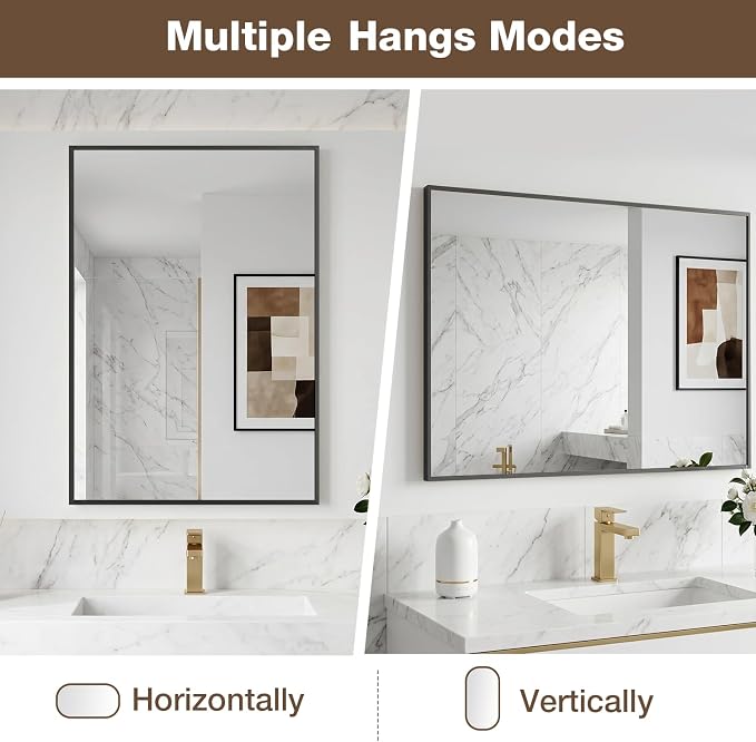 MZON 16" x 24" Matte Black Bathroom Vanity Mirror, Mirror for Over Sink | Aluminum Alloy Frame, Clear Reflection, Rust-Resistant, Vertical or Horizontal, Wall Mount, Bedroom and Entryway