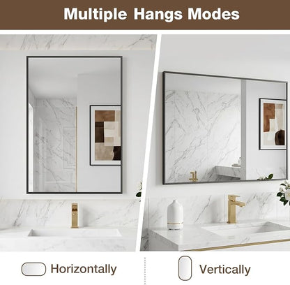 MZON 16" x 20" Matte Black Bathroom Vanity Mirror, Mirror for Over Sink | Aluminum Alloy Frame, Clear Reflection, Rust-Resistant, Vertical or Horizontal, Wall Mount, Bedroom and Entryway
