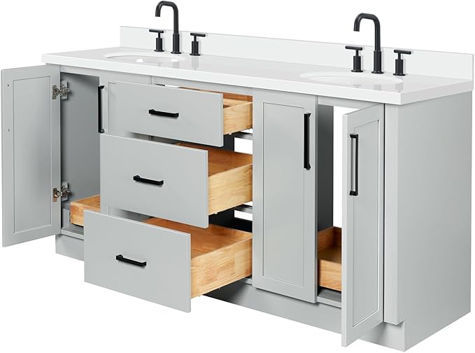 ARIEL Loren 72-inch Bathroom Vanity with Sink,Solid Wood, 1.5-inch Pure White Quartz Countertop, Double Oval Porcelain Sink, 4 Soft Closing Doors, 3 Dovetail Drawers, Grey