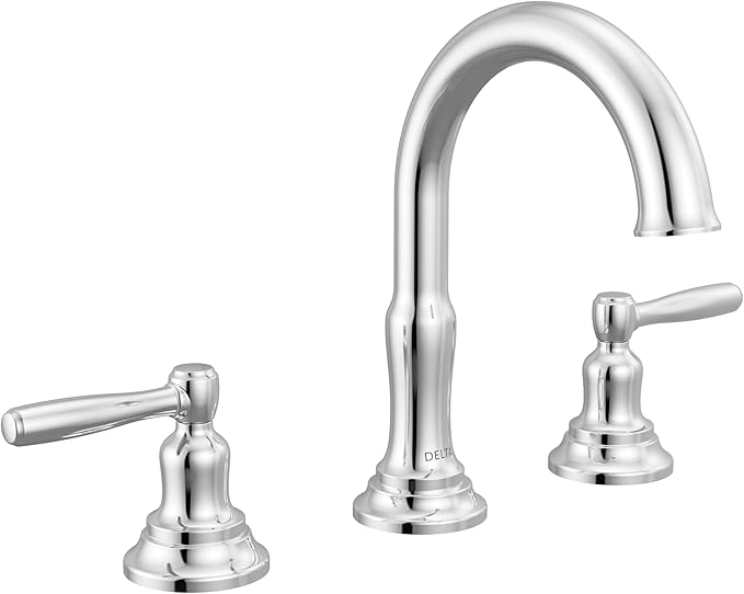 Delta Roe Chrome Bathroom Faucet 3 Hole, 8 Inch Widespread Bathroom Sink Faucet for Vanity, Push-Pop Drain Assembly, Chrome 35985LF