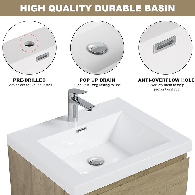 Floating Vanity Bathroom, 24 Inch Bathroom Vanity with Sink, Wall Mounted Single Sink Bathroom Vanity, Soft Closed 2 Drawers, Integrated Sink (Natural Oak)