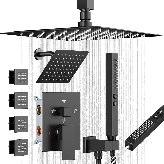 Shower System with Body Jets, Bostingner Four Modes Shower Faucet Sets with Handheld Spray 2 Ways, 4Pcs Shower Body Jets in Wall,10"+6" Rain Shower Head, Matte Black Shower Sets Complete
