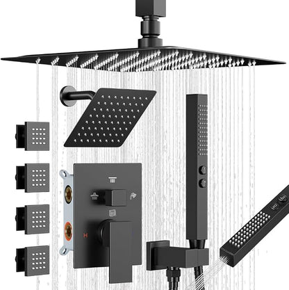 Shower System with Body Jets, Bostingner Four Modes Shower Faucet Sets with Handheld Spray 2 Ways, 4Pcs Shower Body Jets in Wall,10"+6" Rain Shower Head, Matte Black Shower Sets Complete