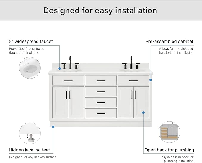ARIEL Hepburn 66-inch Bathroom Vanity with Sink,Solid Wood, 1.5-inch Pure White Quartz Countertop & Backsplash, Double Oval Porcelain Sink, 4 Soft Closing Doors, 6 Dovetail Drawers, White