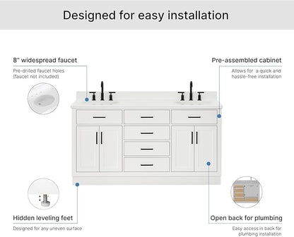 ARIEL Hepburn 66-inch Bathroom Vanity with Sink,Solid Wood, 1.5-inch Pure White Quartz Countertop & Backsplash, Double Oval Porcelain Sink, 4 Soft Closing Doors, 6 Dovetail Drawers, White