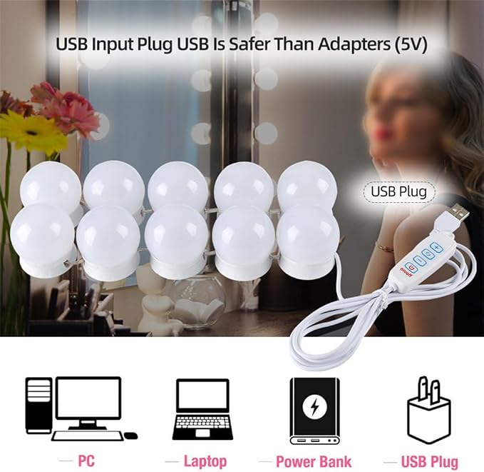 LED Vanity Lights for Mirror, Hollywood Style Vanity Lights with 10 Dimmable Bulbs, Adjustable Color & Brightness, USB Cable, Mirror Lights Stick on for Makeup Table Dressing Room (12 Lights)