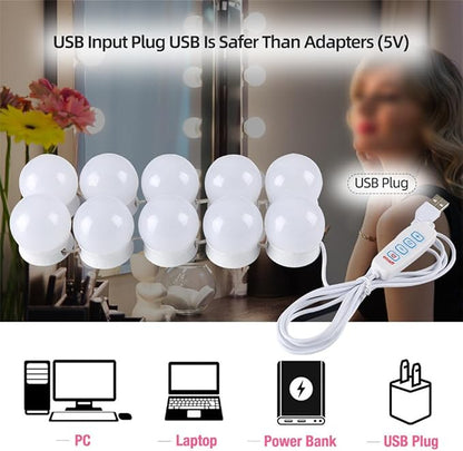 LED Vanity Lights for Mirror, Hollywood Style Vanity Lights with 10 Dimmable Bulbs, Adjustable Color & Brightness, USB Cable, Mirror Lights Stick on for Makeup Table Dressing Room (12 Lights)
