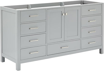 ARIEL Cambridge 66-inch Bathroom Vanity Base Cabinet,Solid Wood, 2 Soft Closing Doors, 9 Dovetail Drawers, Grey