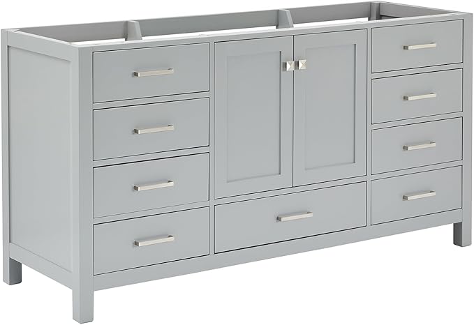 ARIEL Cambridge 66-inch Bathroom Vanity Base Cabinet,Solid Wood, 2 Soft Closing Doors, 9 Dovetail Drawers, Grey