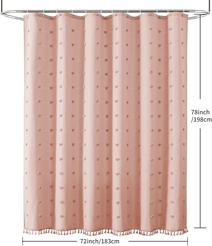 LilyCat Pink Farmhouse Tufted Floral Shower Curtain with Tassel, 72" x 78" | Waterproof Boho Fabric Shower Curtain Set with Hooks, Cute Rustic Vintage Bathroom Décor, Minimalist Cloth Bathroom Curtain