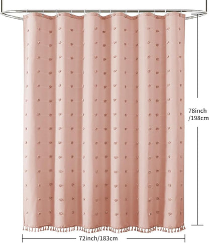 LilyCat Pink Farmhouse Tufted Floral Shower Curtain with Tassel, 72" x 78" | Waterproof Boho Fabric Shower Curtain Set with Hooks, Cute Rustic Vintage Bathroom Décor, Minimalist Cloth Bathroom Curtain