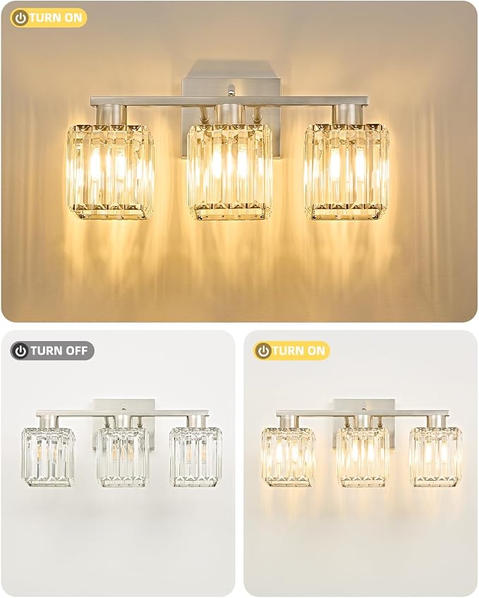 3-Light Bathroom Light Fixtures, Modern Brushed Nickel Crystal Wall Light for Bathroom,Lighting Fixtures Over Mirror
