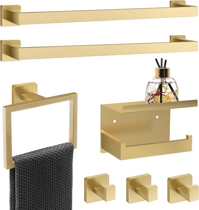 Dorudon atrox 7 Piece Gold Bathroom Hardware Set with Brushed Gold Bathroom Accessories - Square 2 Towel Bars Towel Rack Stainless Steel 23-Inch