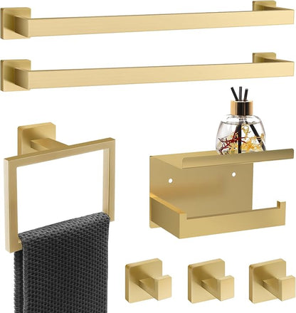 Dorudon atrox 7 Piece Gold Bathroom Hardware Set with Brushed Gold Bathroom Accessories - Square 2 Towel Bars Towel Rack Stainless Steel 23-Inch