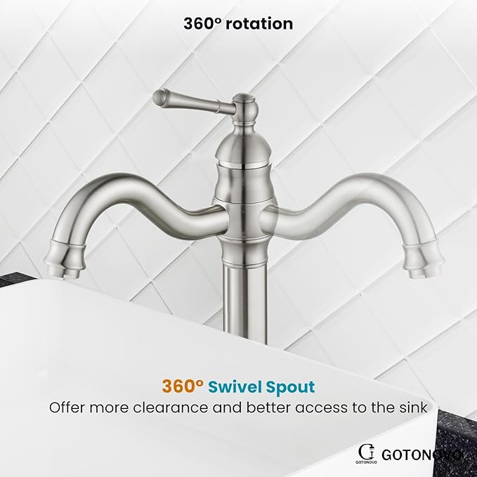 gotonovo Vessel Sink Faucet 360° Swivel Spout Single Handle Tall Bathroom Faucet 1 Hole Farmhouse Lavatory Washbasin Mixer Tap Matching Supply Hoses, Without Pop Up Drain, Brushed Nickel
