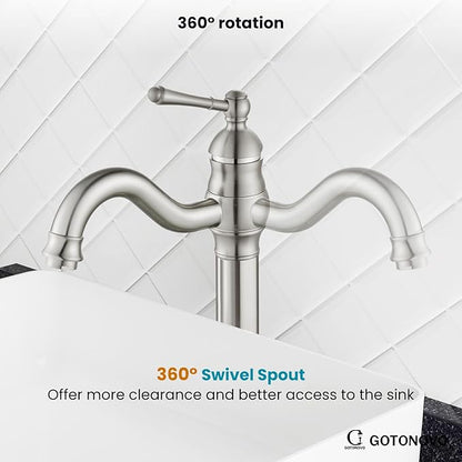 gotonovo Vessel Sink Faucet 360° Swivel Spout Single Handle Tall Bathroom Faucet 1 Hole Farmhouse Lavatory Washbasin Mixer Tap Matching Supply Hoses, Without Pop Up Drain, Brushed Nickel