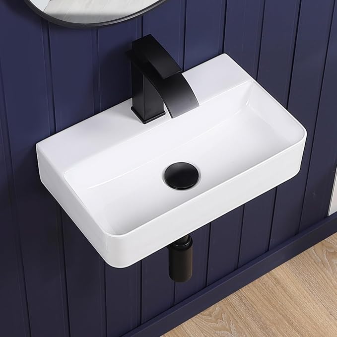 Wall Mount Bathroom Vessel Sink 17"x11" Rectangular Floating White Porcelain Ceramic Wall Hung Vanity Basin Sink for Home,RV,Bathroom