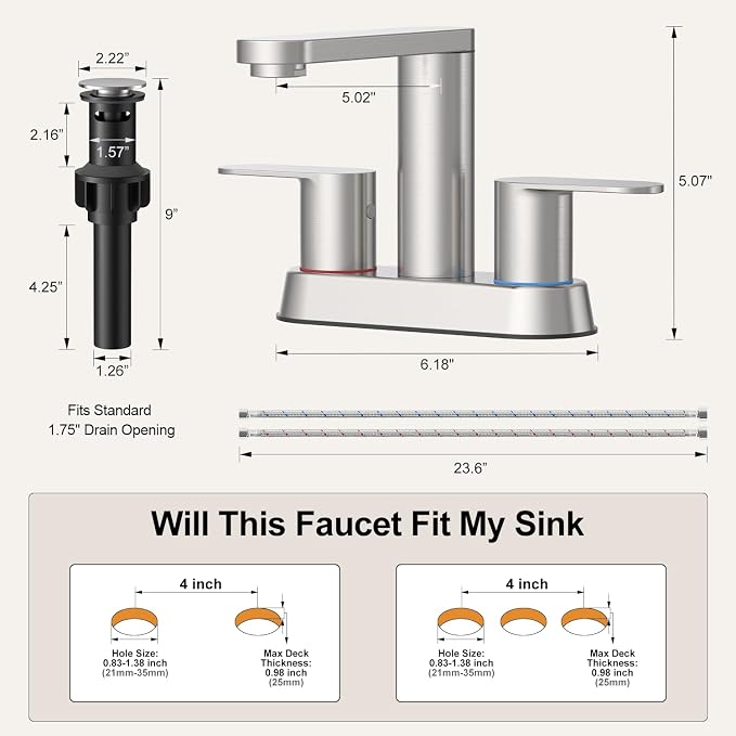 BWE Brushed Nickel Bathroom Faucets 4 in Centerset Faucet for Bathroom Sink | 2 or 3 Hole Basin 2-Handle 360° Swivel Spout Sink Faucet with Pop up Drain and Water Supply Hose for Farmhouse Vanity