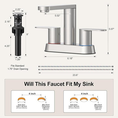 BWE Brushed Nickel Bathroom Faucets 4 in Centerset Faucet for Bathroom Sink | 2 or 3 Hole Basin 2-Handle 360° Swivel Spout Sink Faucet with Pop up Drain and Water Supply Hose for Farmhouse Vanity