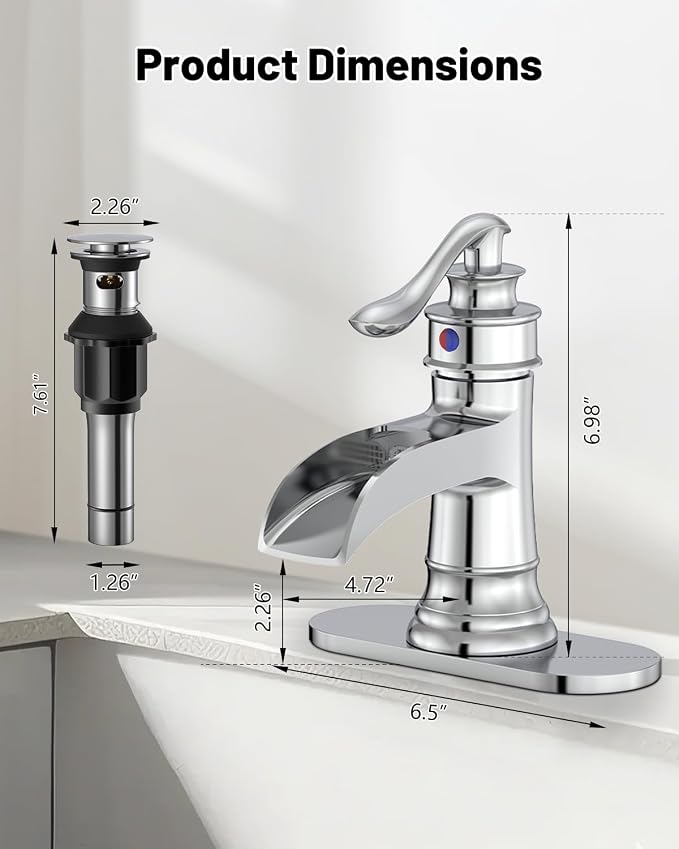 Bathroom Sink Faucet Waterfall Chrome Single Handle Single Hole | 1 Hole or 3 Hole,Pop-up Drain,Deck Panel,Supply Line,Easy to Clean,Simple Installation,Rust Resistant for Long-Lasting Use