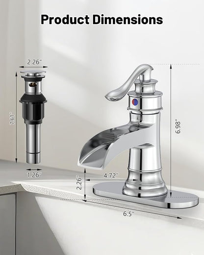 Bathroom Sink Faucet Waterfall Chrome Single Handle Single Hole | 1 Hole or 3 Hole,Pop-up Drain,Deck Panel,Supply Line,Easy to Clean,Simple Installation,Rust Resistant for Long-Lasting Use