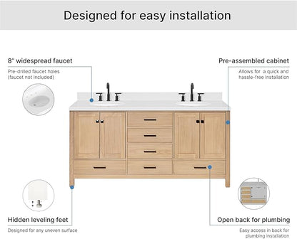 ARIEL Cambridge 72-inch Bathroom Vanity with Sink,Solid Wood, 1.5-inch Carrara White Quartz Countertop & Backsplash, Double Oval Porcelain Sink, 4 Soft Closing Doors, 6 Dovetail Drawers, White Oak