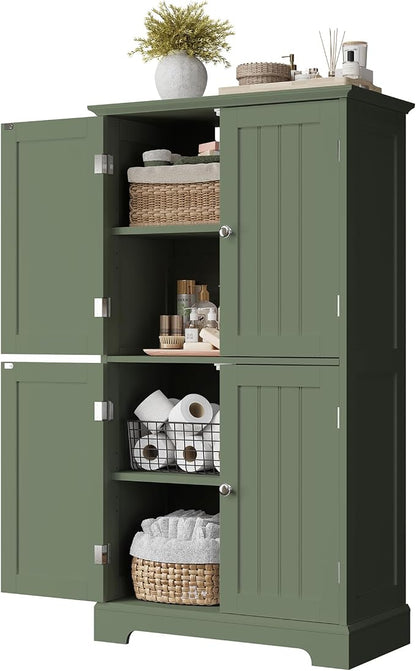 ChooChoo Bathroom Floor Cabinet with Adjustable Shelves | Bathroom Storage Cabinet, 4 Doors, Freestanding Cupboard for Living Room, Green