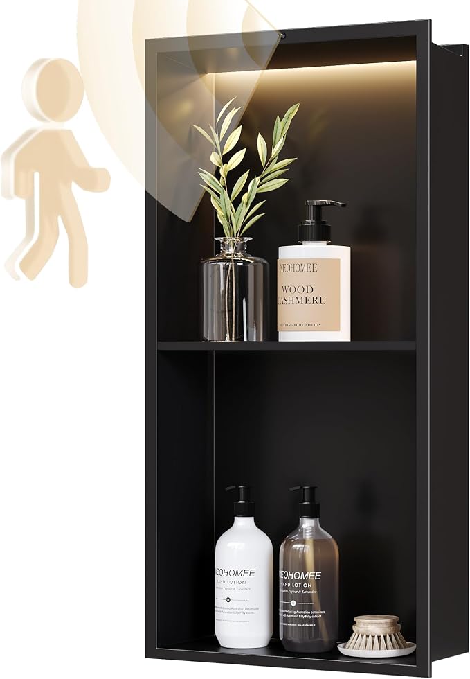 2-Tiers Smart Body Sensor Shower Niche, Black 24"x12" | Recessed Wall Niche with White 3000K LED Light , Waterproof &Rustproof, 304 Stainless Steel Bathroom Cabinet