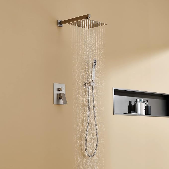 Shower System 10 Inches Rain Shower Combo Set Brushed Nickel Wall Mount Faucet Bathroom Faucets with Rainfall Shower Head and Hand Shower