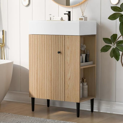 22" Small Bathroom Vanity with Sink, Morden Bathroom Vanities with Soft-Close Door and Open Shelf, Freestanding Narrow Vanity for Compact Space-Saving Bathrooms (Wood,22" Freestanding Right Shelf)