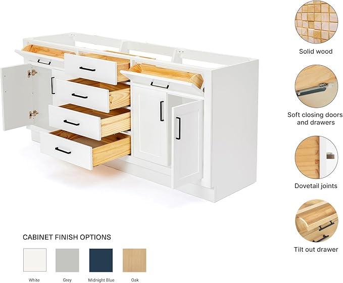 ARIEL Hepburn 72-inch Bathroom Vanity Base Cabinet,Solid Wood, 4 Soft Closing Doors, 6 Dovetail Drawers, White