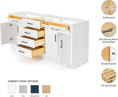 ARIEL Hepburn 72-inch Bathroom Vanity Base Cabinet,Solid Wood, 4 Soft Closing Doors, 6 Dovetail Drawers, White